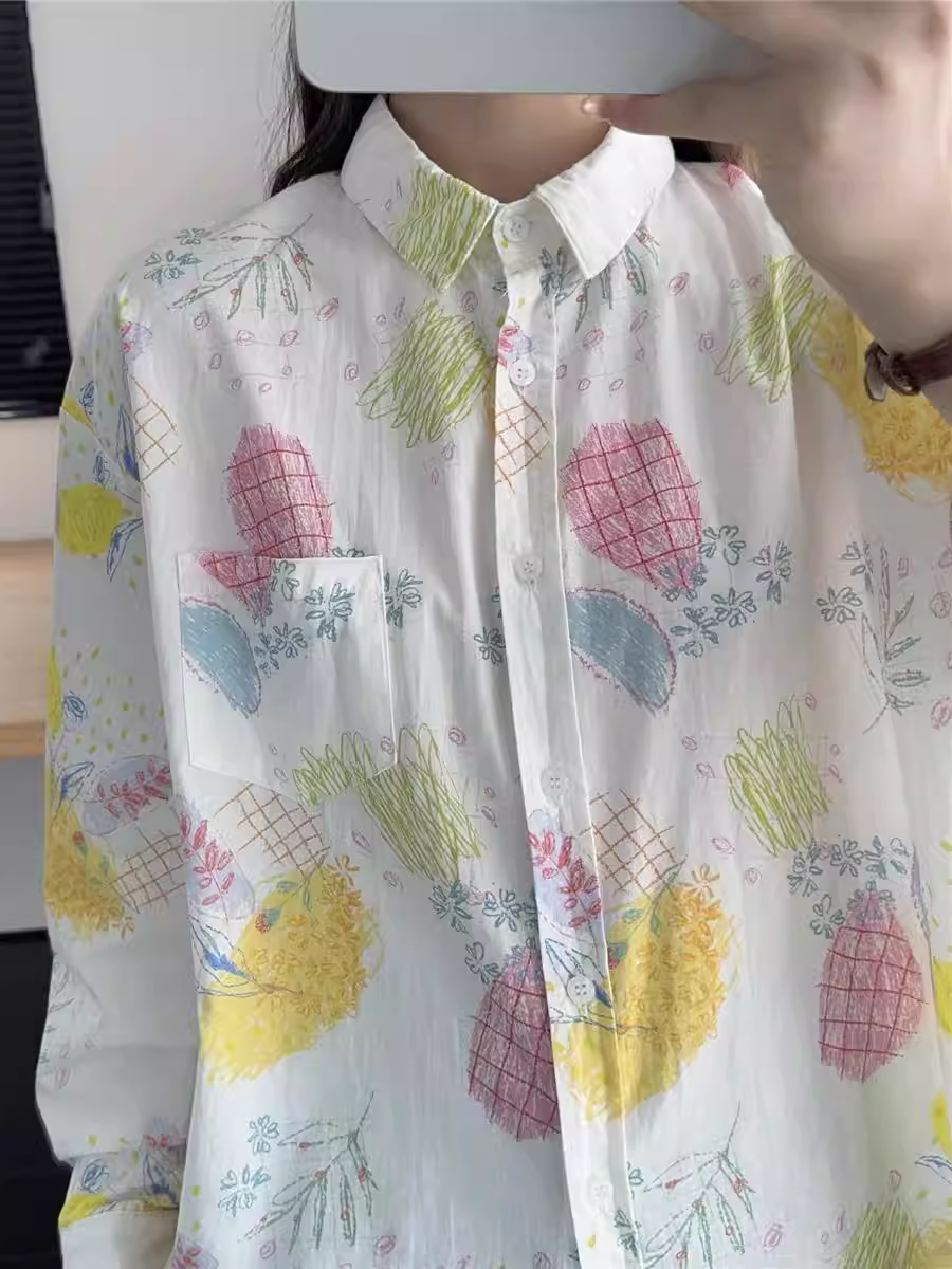 Áo sơ mi cotton in hình dứa ngọt mùa thu mới Dream Box 2024, cổ trụ, tay dài, dáng rộng, phong cách thường ngày