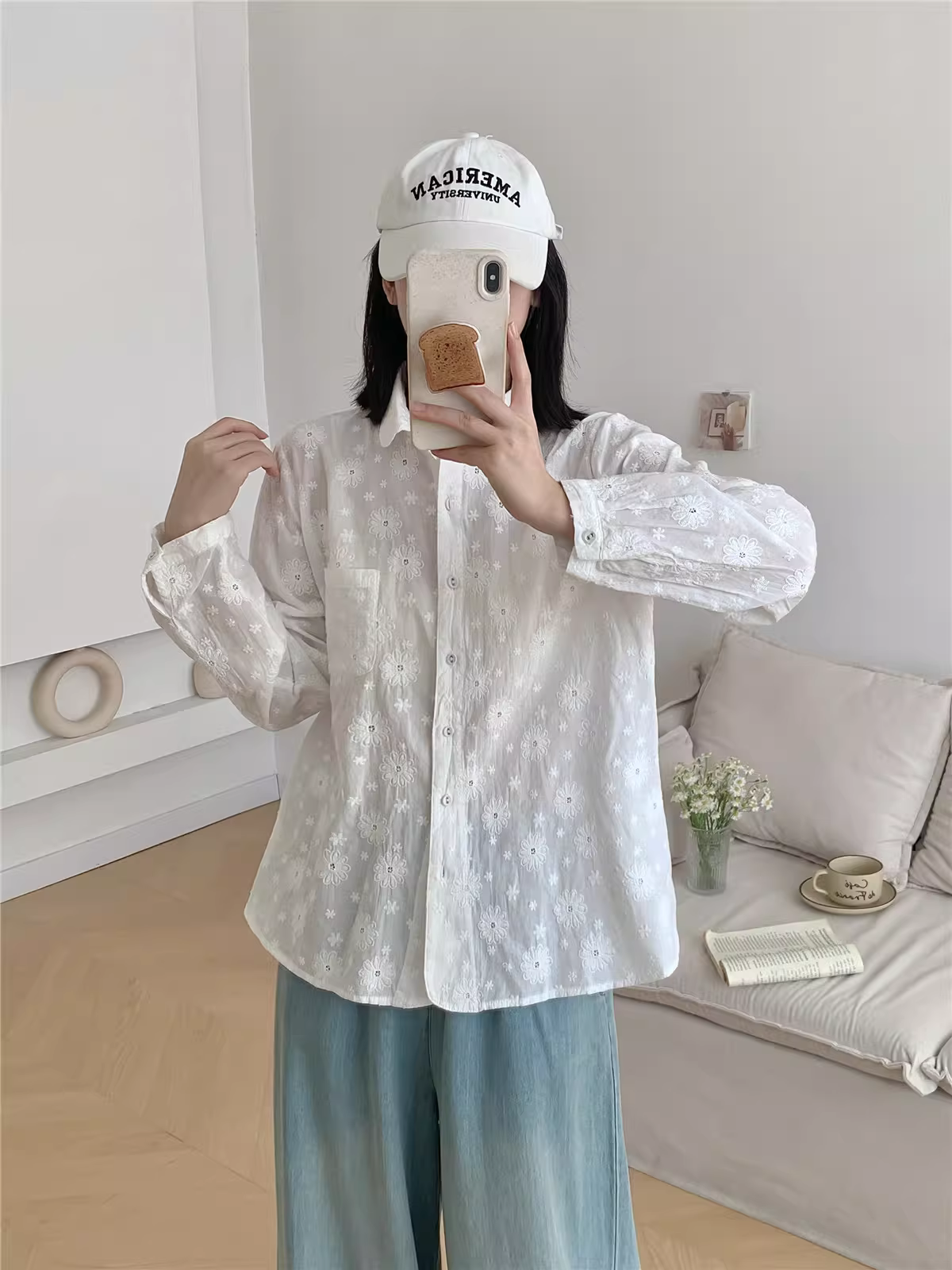 Áo sơ mi cotton thêu hoa cúc mùa thu mới Dream Box 2024, cổ trụ, tay dài, dáng rộng, màu trơn ngọt ngào