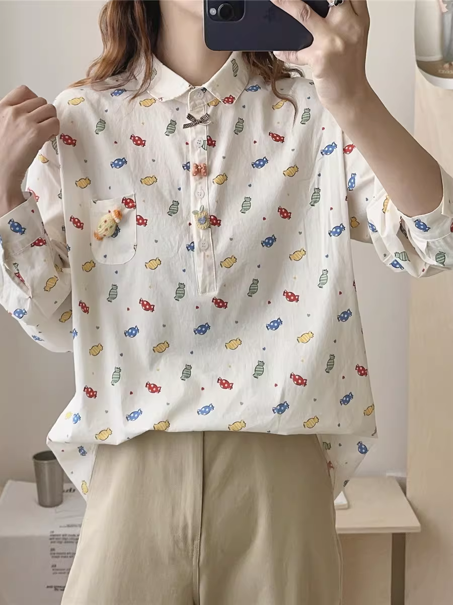 Áo sơ mi cotton in họa tiết kẹo ngọt mùa thu mới Dream Box 2025, cổ trụ, tay dài, dáng rộng, trẻ trung dành cho nữ