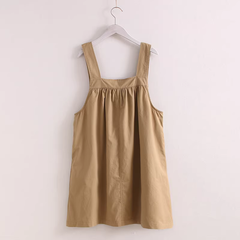 Đầm cotton màu trơn phong cách mới Thu 2024 Dream Box, kiểu dáng chữ A, cổ vuông, không tay, dây đeo, dành cho nữ