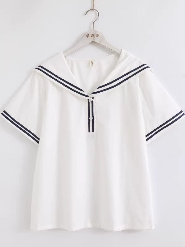 Áo sơ mi cotton phong cách Nhật Bản mùa hè Dream Box 2025, cổ thủy thủ, tay ngắn, dáng rộng, trẻ trung.