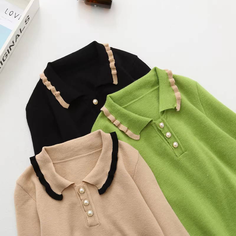 Đầm len dáng ôm màu trơn phong cách mới Xuân 2024 Dream Box dành cho nữ, tay dài, cổ tròn, viền bèo nhún.