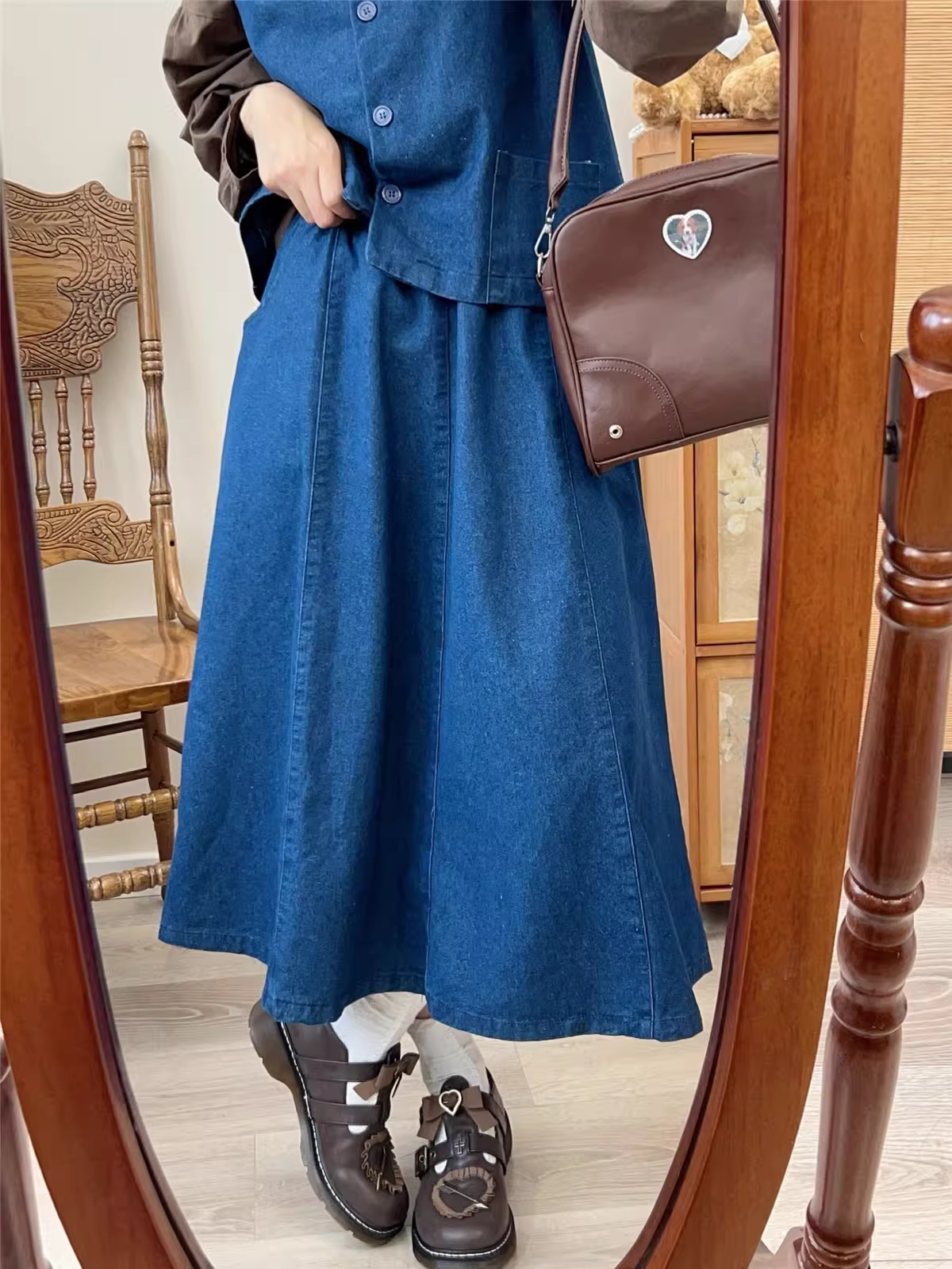 Váy denim xếp ly ba chiều kiểu mới Xuân 2024 Dream Box, chân váy tám lớp, lưng thun, dáng chữ A, màu trơn, dài ngang đùi