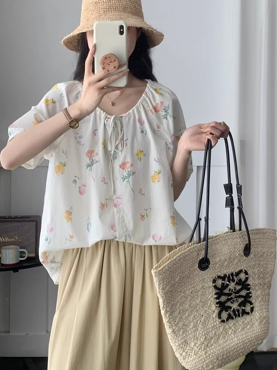 Áo sơ mi cotton in hoa tươi mới mùa hè Dream Box 2025, cổ tròn, tay ngắn, dáng rộng, kiểu trẻ trung