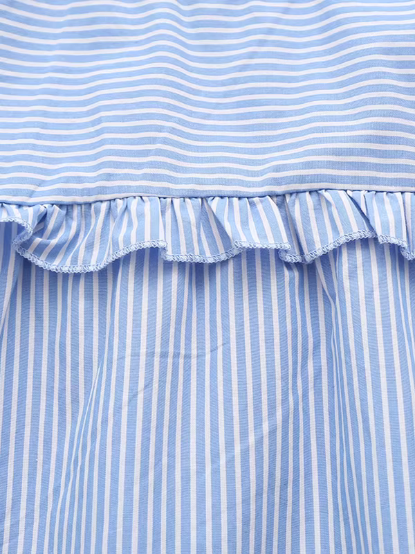 Áo sơ mi cotton sọc xanh tươi kiểu mới mùa hè 2025 Dream Box, cổ tròn, tay bồng xếp ly dành cho nữ