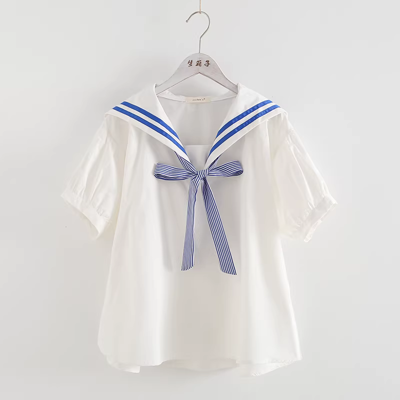 Dream Box 2023 Áo sơ mi màu hải quân mới mùa hè dành cho nữ có nơ, cổ thủy thủ, áo cotton dáng rộng