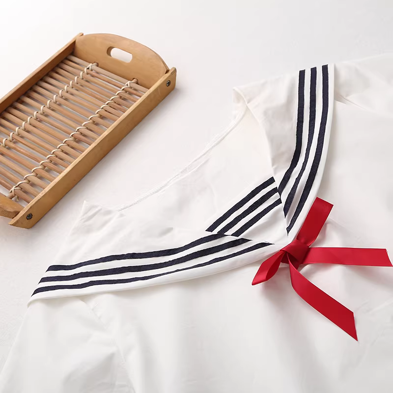 Dream Box 2023 Mùa Hè Mới Ngọt Nơ Áo Sơ Mi Cotton Nữ Hải Quân Cổ Tay Ngắn Rời Cổ Áo Sơ Mi Trắng