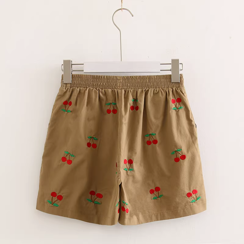 Dream Box 2024 Mùa Hè Mới Anh Đào Ngọt Ngào Thêu Quần Short Học Sinh Lưng Thun Thường Ngày Quần Short Cotton Cho Nữ