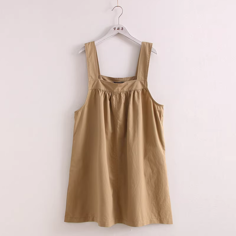 Đầm cotton màu trơn phong cách mới Thu 2024 Dream Box, kiểu dáng chữ A, cổ vuông, không tay, dây đeo, dành cho nữ