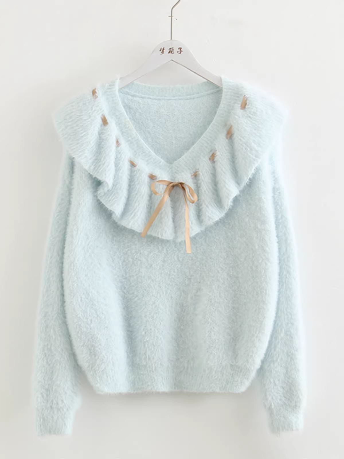 Áo len nữ dáng rộng màu trơn giả lông chồn Dream Box 2025 Thu mới, cổ bèo phối dây buộc, kiểu dáng dễ thương