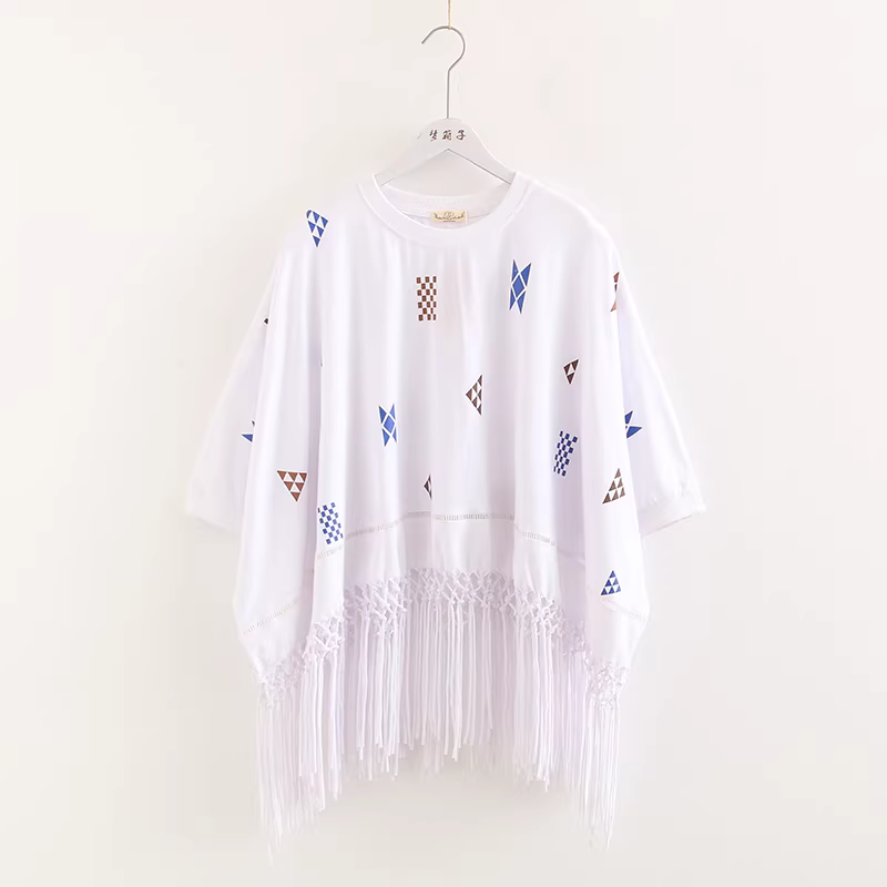 Dream Box 2022 Mùa Hè Mới Họa Tiết Hình Học In Hình Mũi Nữ Cổ Tròn Đa Năng Rời Handmade Tua Rua Áo Thun Cotton