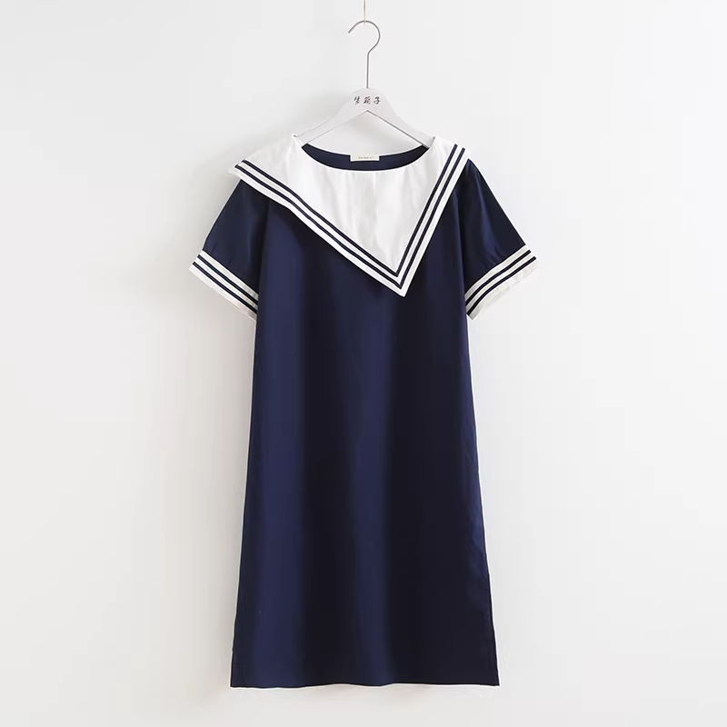 Đầm cotton dáng chữ A tay ngắn màu phối cổ áo hải quân không đều kiểu mới hè 2024 Dream Box dành cho nữ