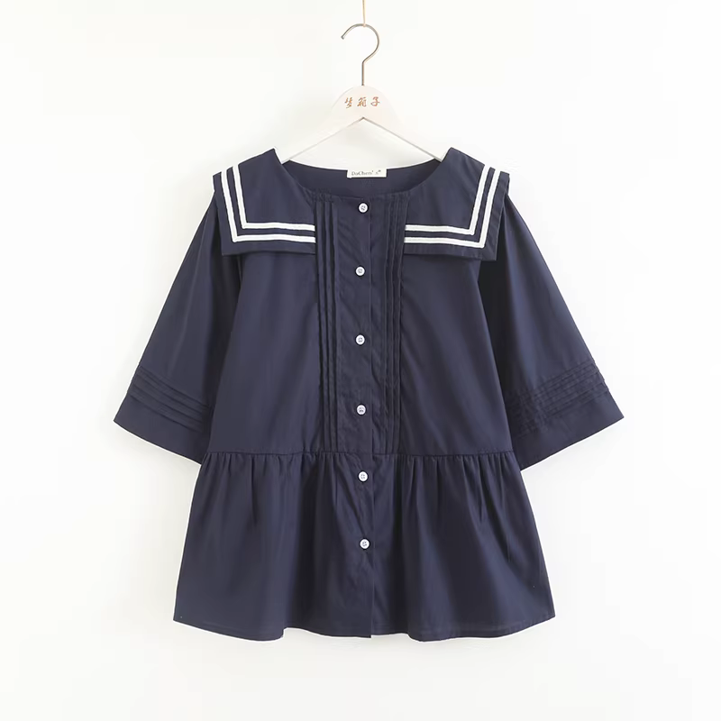 Áo sơ mi cotton xếp ly dáng rộng cổ thủy thủ tay ba phần, kiểu dáng xòe điệu đà Dream Box 2024 mùa hè mới.