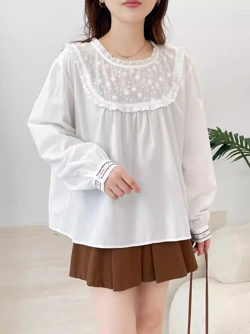 Áo sơ mi cotton thêu họa tiết Dream Box 2025 Thu mới, cổ tròn, tay dài, dáng rộng, kiểu áo trẻ trung.