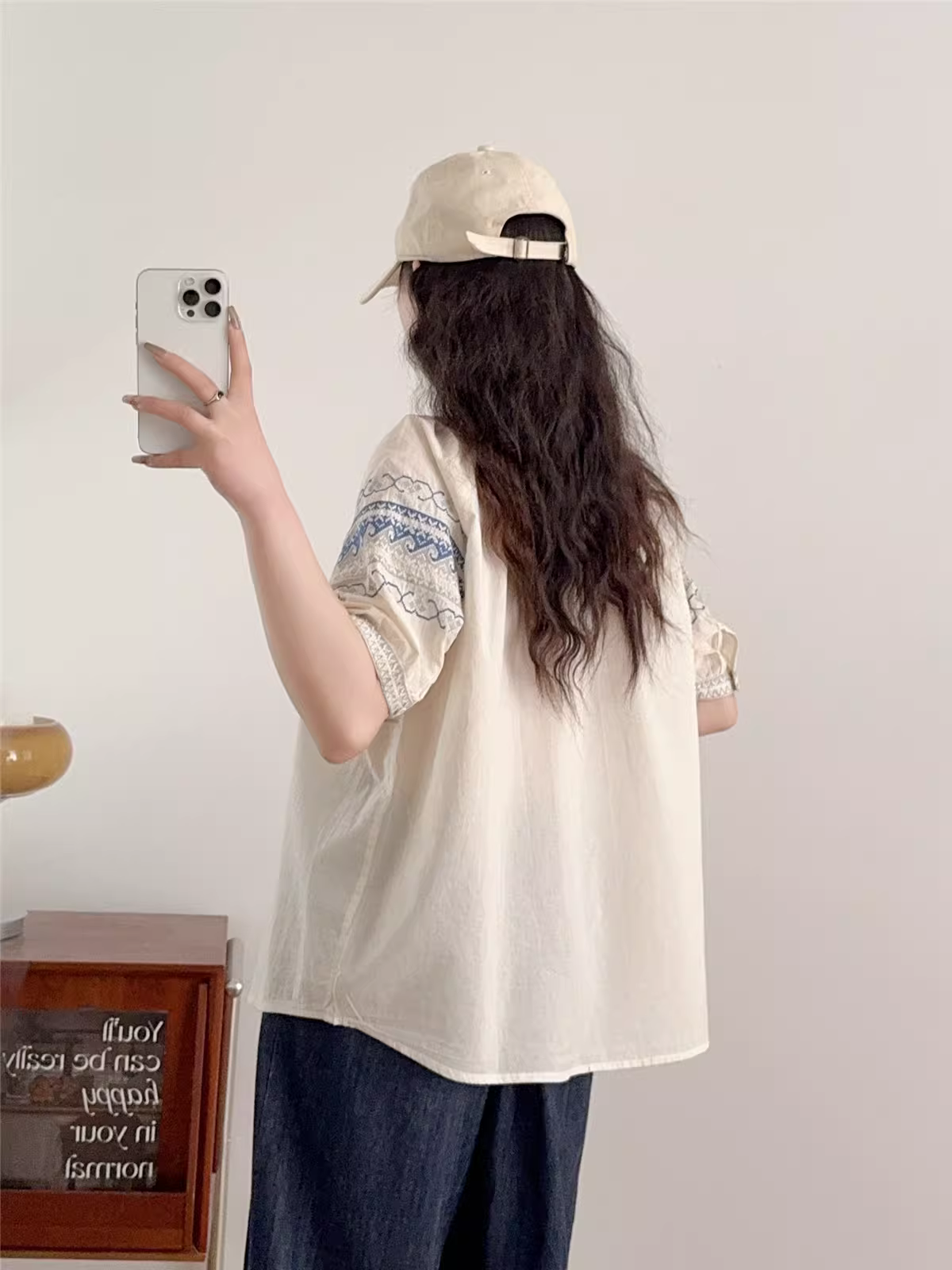 Áo sơ mi cotton thêu nặng mùa hè 2025 Dream Box, cổ đứng, tay ngắn, dáng rộng, phong cách dân tộc, dành cho nữ