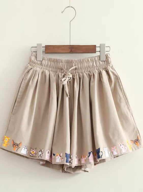 Quần đùi cotton linen mềm mại phong cách Nhật Bản in hình mèo hoạt hình, lưng thun, ống rộng, dáng rộng, mùa hè 2025, Dream Box