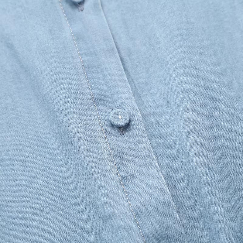 Áo sơ mi nữ thêu hoa nhỏ cổ điển mùa xuân 2023 Dream Box, áo sơ mi denim dáng rộng tay dài cổ trụ thêu