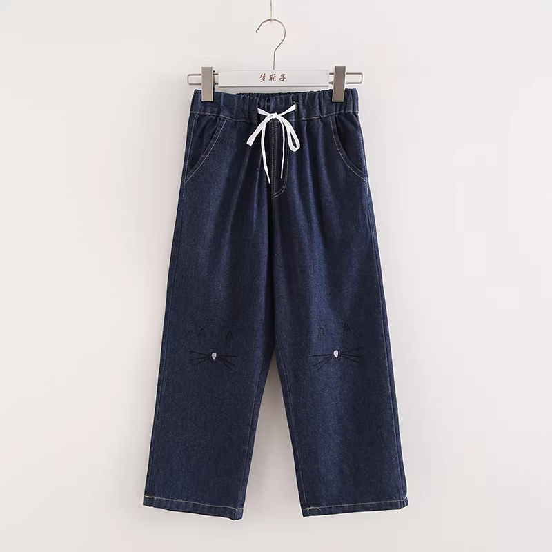 Quần Capri ống đứng thêu mèo ria mép phong cách mới hè 2024 Dream Box, lưng thun co giãn, đa năng, chất liệu jean rộng rãi dành cho nữ