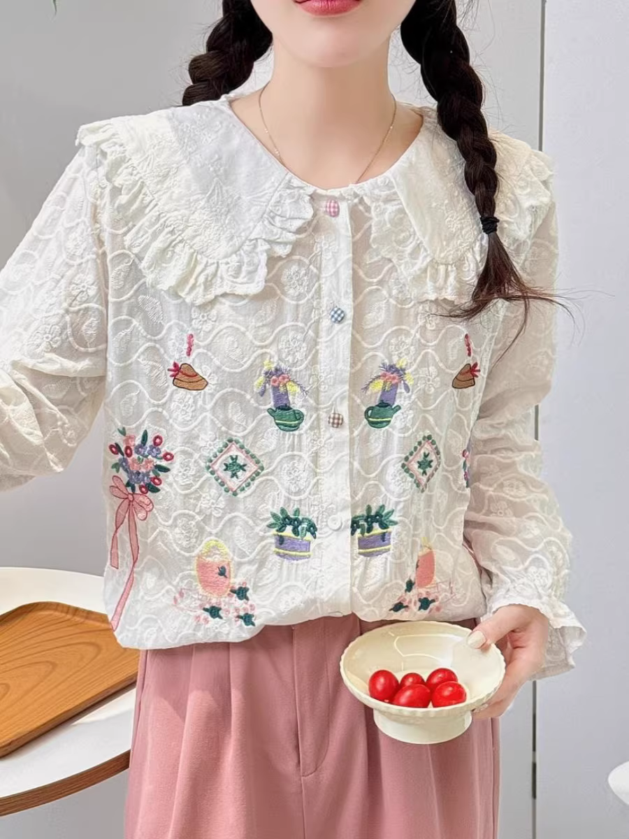 Áo sơ mi cotton thêu nhiều họa tiết hoạt hình Dream Box 2025 Xuân mới, cổ búp bê, tay dài bèo nhún, dáng rộng