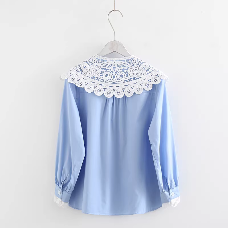 Áo sơ mi nữ Dream Box 2024 Xuân kiểu mới, viền ren rỗng, cổ búp bê, đa năng, màu trơn, chất liệu cotton