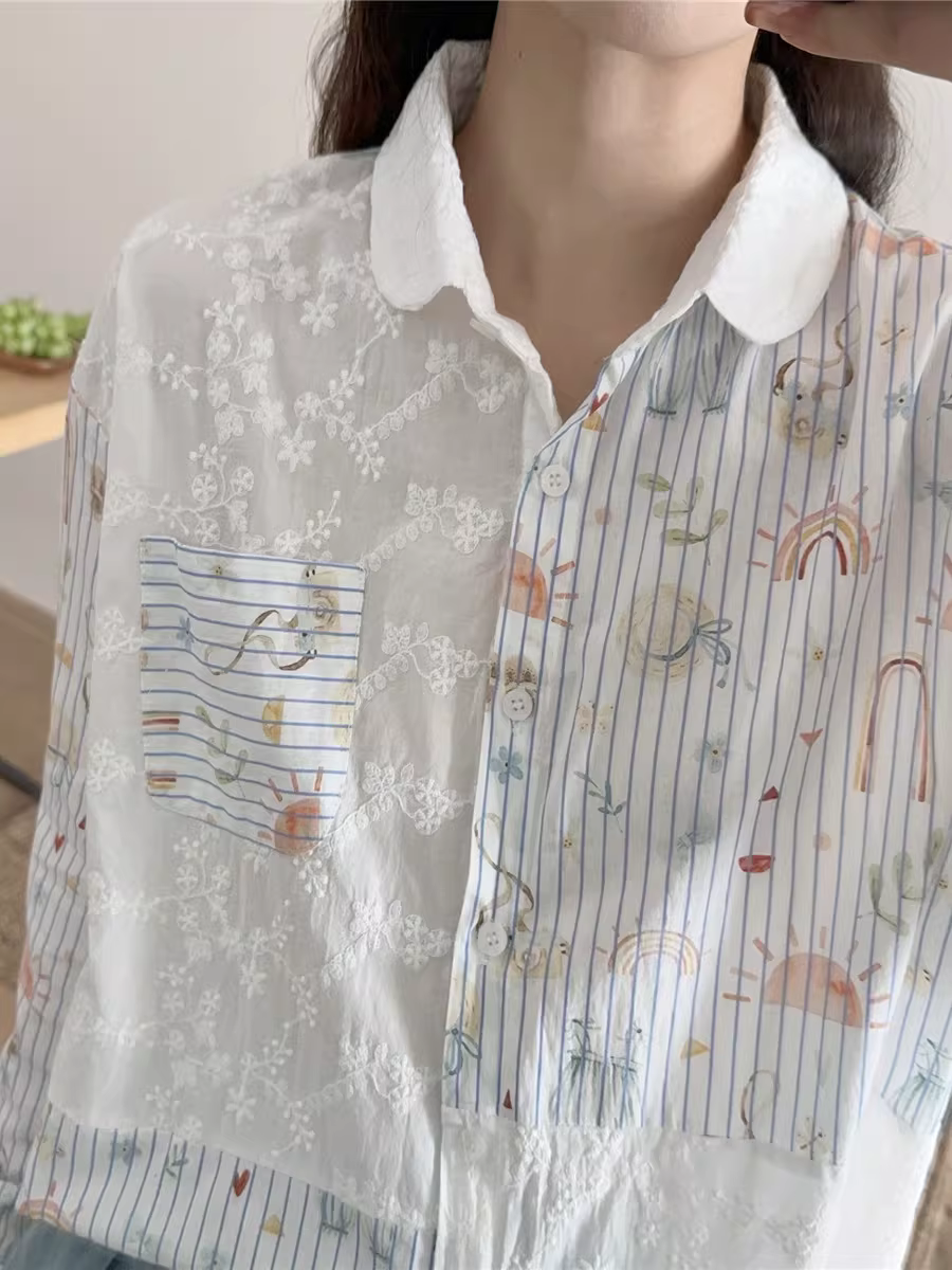 Áo sơ mi cotton in họa tiết hoạt hình mùa xuân 2025 Dream Box, phối sọc, phối vải, cổ ren, tay dài, dáng rộng