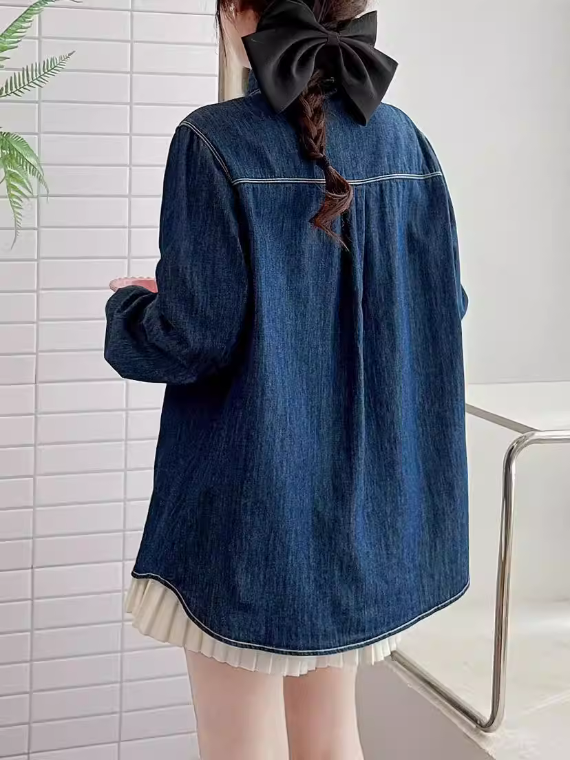 Áo sơ mi denim thêu hình mèo Dream Box 2025 Xuân mới, cổ trụ, tay dài, nhiều khuy, dáng rộng, thêu họa tiết