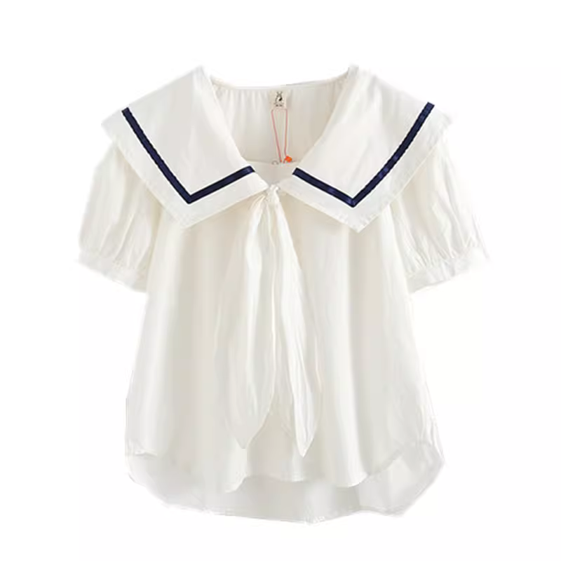 Áo sơ mi cotton màu trơn mùa hè Dream Box 2024 nữ, cổ thuyền tai thỏ, tay ngắn, đa năng, dáng rộng, màu trắng