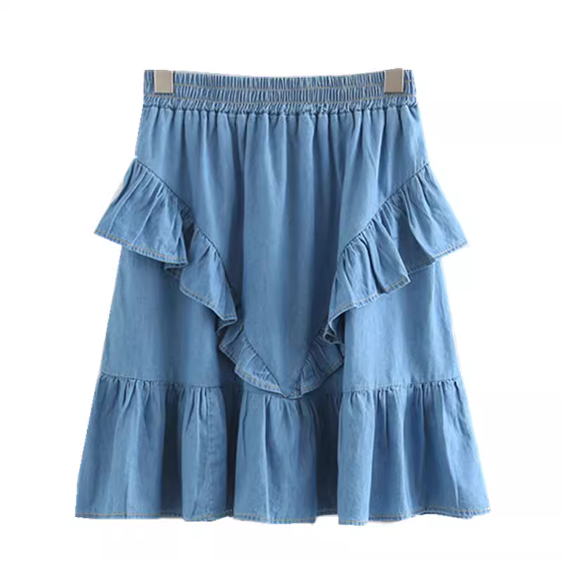 Váy xếp ly phối màu phong cách Mori Girl mùa hè 2024 Dream Box, chất liệu denim, lưng thun, dáng chữ A, dành cho nữ