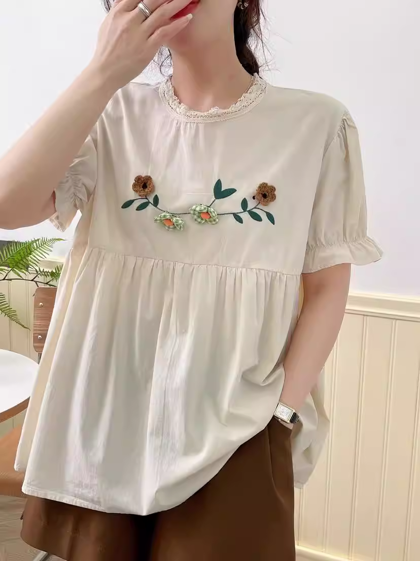 Áo sơ mi cotton thêu hoa móc len mùa hè mới Dream Box 2024, cổ đứng, tay ngắn bèo nhún, dáng rộng