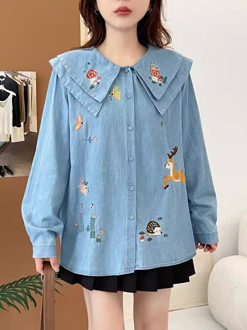 Áo sơ mi denim thêu hình thú hoạt hình mùa thu mới Dream Box 2025, cổ áo hai lớp, tay dài, dáng rộng, trẻ trung dành cho nữ