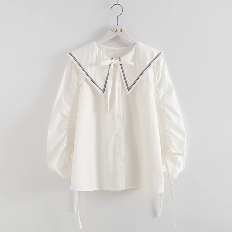 Dream Box 2021 Áo sơ mi cotton màu trơn phong cách mới mùa xuân dành cho nữ có ve áo lớn nhọn, tay dài xếp ly, áo sơ mi trắng rộng.