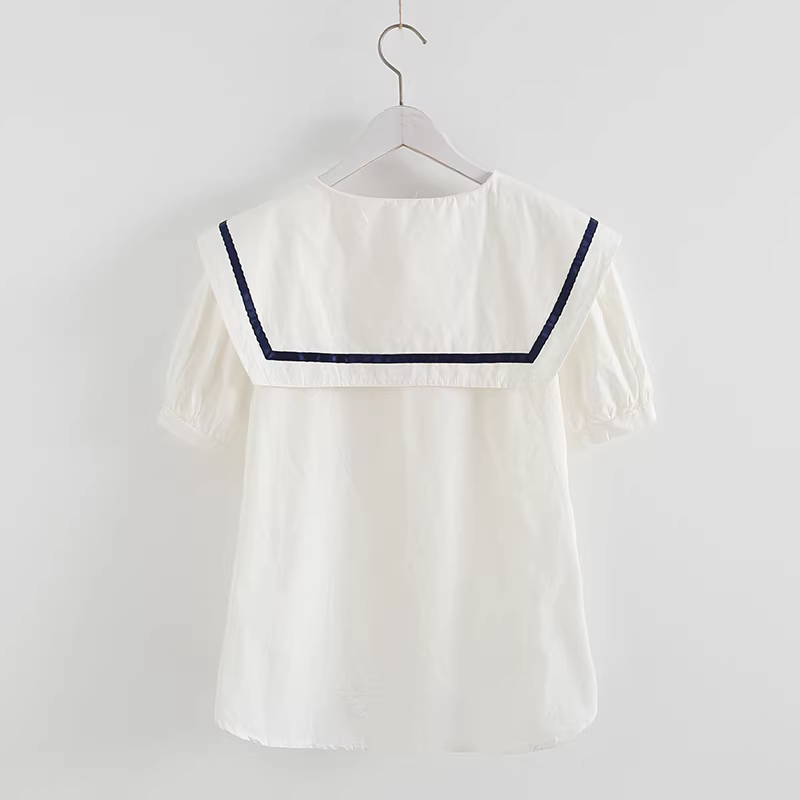 Áo sơ mi cotton màu trơn mùa hè Dream Box 2024 nữ, cổ thuyền tai thỏ, tay ngắn, đa năng, dáng rộng, màu trắng