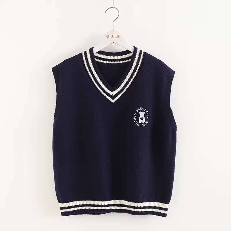 Áo len gile thêu hình gấu phong cách mới Xuân 2024 Dream Box, phối màu, cổ V, dáng rộng, không tay