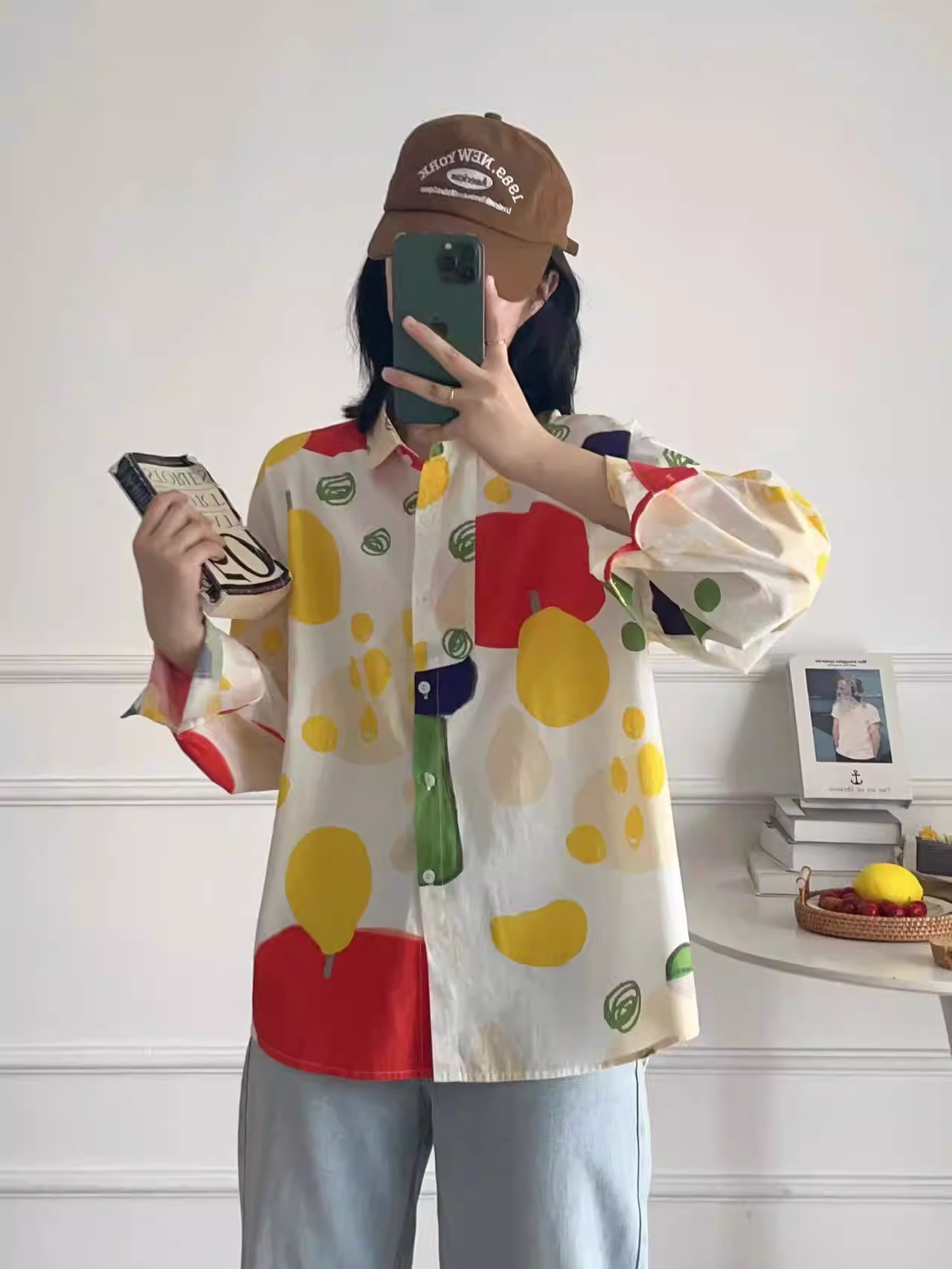 Dream Box 2023 Áo sơ mi cotton in họa tiết màu khối mới mùa thu có cổ bẻ, tay dài, áo sơ mi dáng rộng đa năng