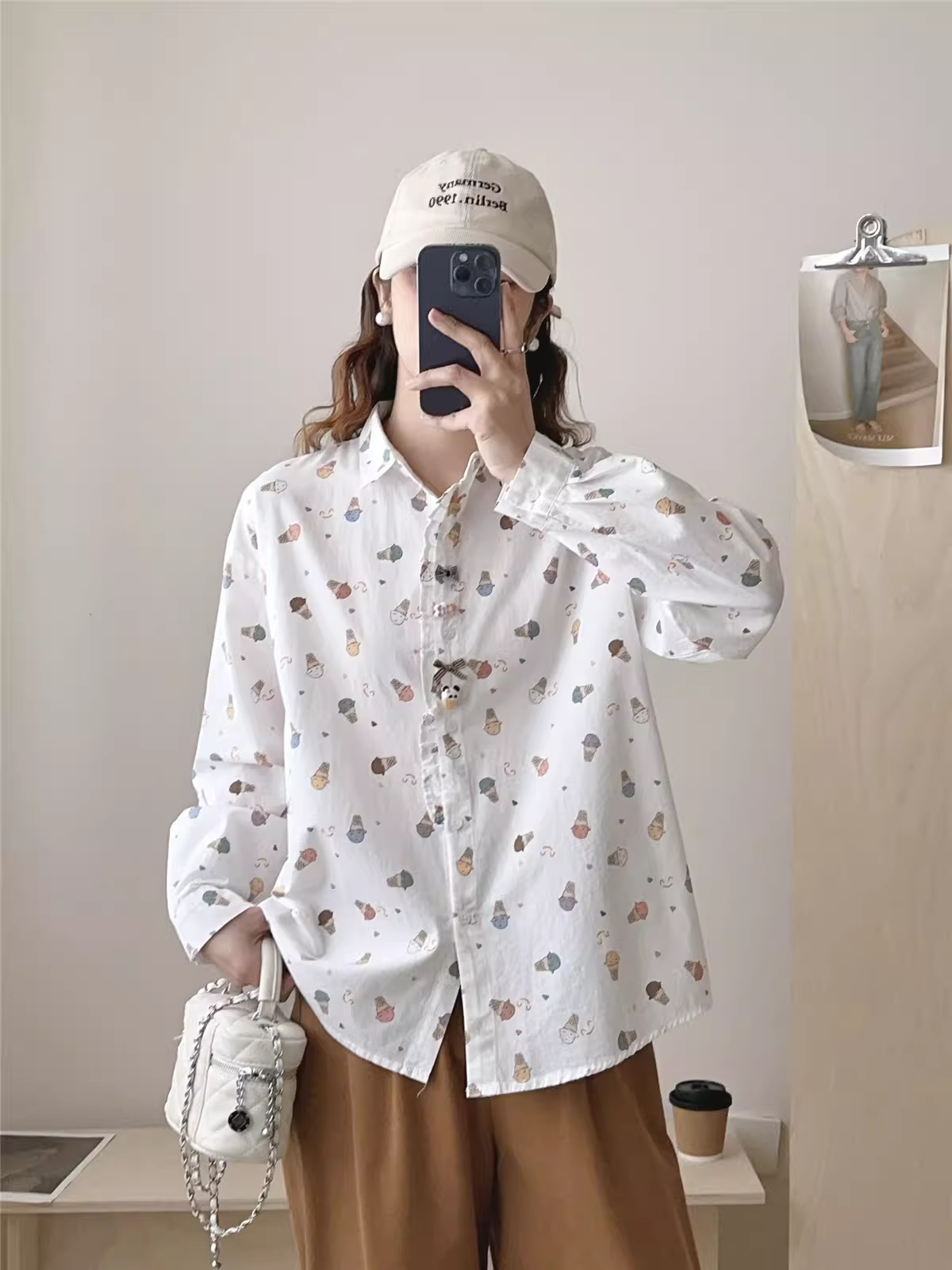 Áo sơ mi cotton in hình kem hoạt hình Dream Box 2025 mùa xuân mới, cổ sơ mi, tay dài, viền xếp ly, dáng rộng.