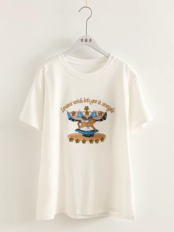 Áo thun cotton 100% dáng rộng tay ngắn cổ tròn đính sao sequin thêu ngựa gỗ kiểu mới mùa hè 2025 Dream Box