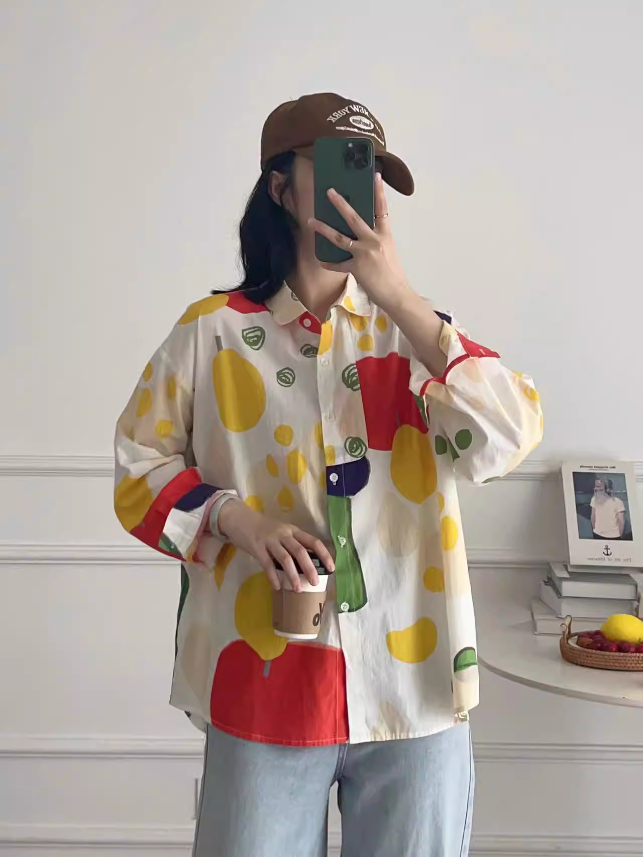 Dream Box 2023 Áo sơ mi cotton in họa tiết màu khối mới mùa thu có cổ bẻ, tay dài, áo sơ mi dáng rộng đa năng