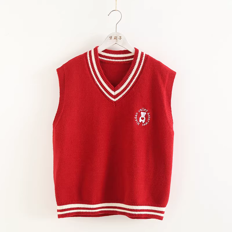 Áo len gile thêu hình gấu phong cách mới Xuân 2024 Dream Box, phối màu, cổ V, dáng rộng, không tay