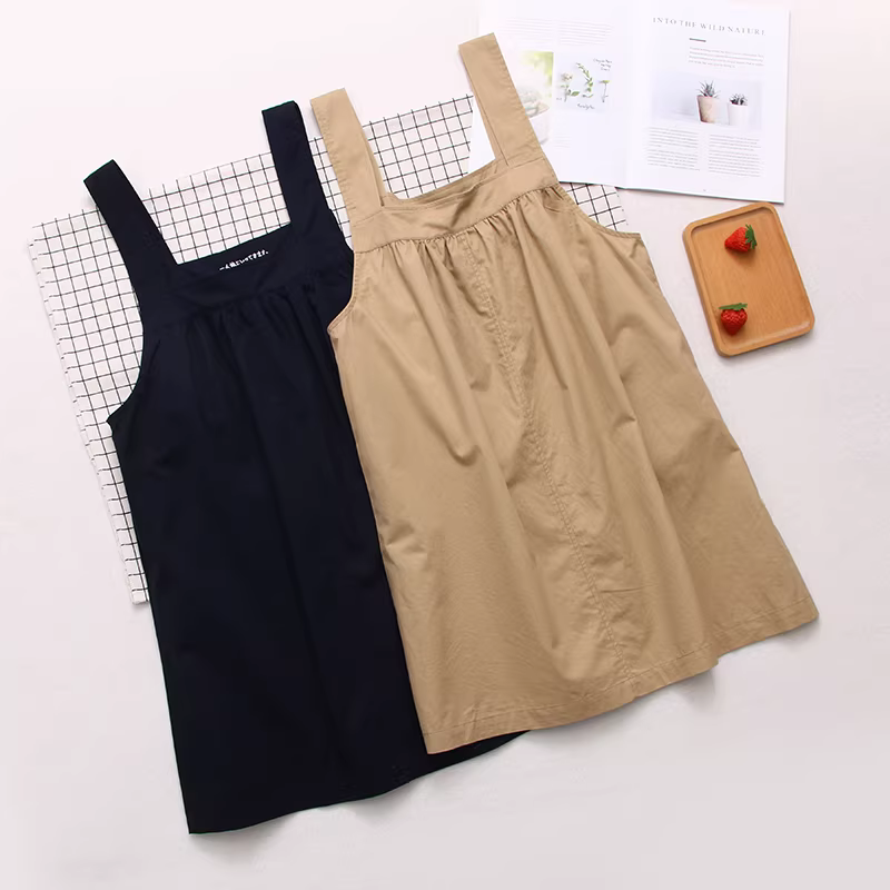 Đầm cotton màu trơn phong cách mới Thu 2024 Dream Box, kiểu dáng chữ A, cổ vuông, không tay, dây đeo, dành cho nữ