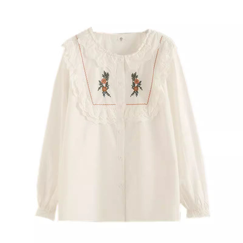 Dream Box 2022 Thu Mới Thêu Hoa Áo Sơ Mi Cotton Nữ Viền Ren Cổ Tròn Dài Tay Áo Sơ Mi Trắng