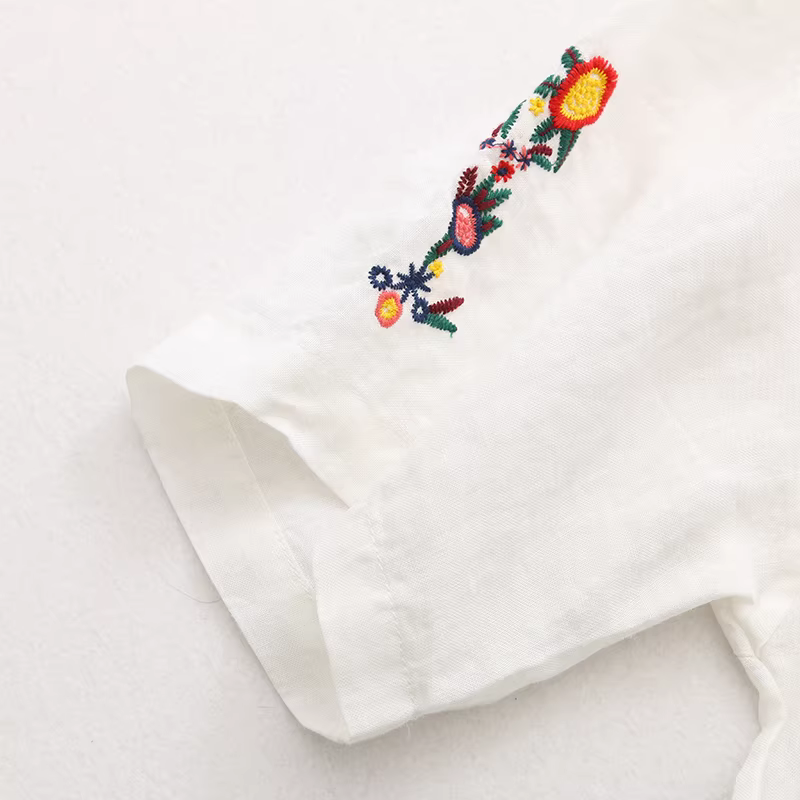 Dream Box 2023 Mùa Hè Phong Cách Mới Hoa Tươi Thêu Nặng Áo Sơ Mi Vải Lanh Nữ Cổ Tròn Chui Đầu Rời Áo Sơ Mi Màu Đỏ