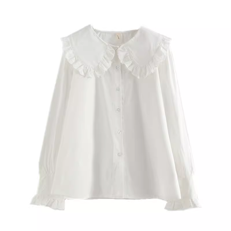 Áo sơ mi nữ cotton tay đèn kiểu cung điện phong cách mới Thu 2024 Dream Box, cổ búp bê ren, tay dài, dáng rộng, màu trắng