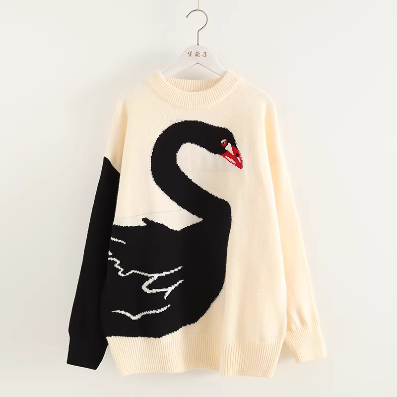 Dream Box 2023 Áo len chui đầu cổ tròn Jacquard hình thiên nga thanh lịch mới dành cho nữ, Áo len dáng rộng ngọt ngào phong cách lười biếng.
