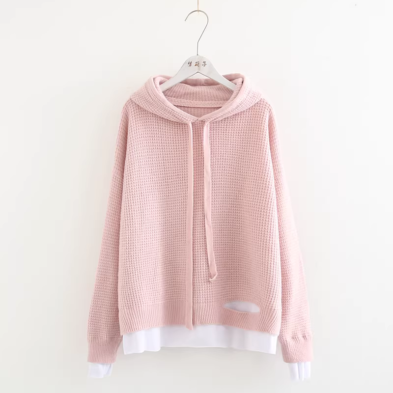 Dream Box 2023 Thu Đông Phong Cách Mới Nghệ Thuật Tươi Mát Màu Trơn Áo Len Học Sinh Nữ Giả Hai Mảnh Có Mũ Áo Chui Đầu Áo Len Rộng