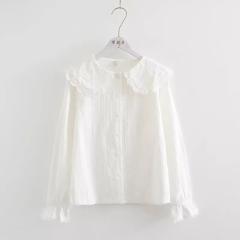 Áo sơ mi nữ Dream Box 2025 kiểu mới chất liệu cotton jacquard cao cấp, cổ ren, dáng rộng, màu trắng, đa năng