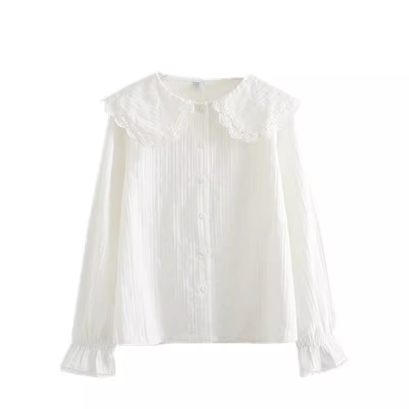 Áo sơ mi nữ Dream Box 2025 kiểu mới chất liệu cotton jacquard cao cấp, cổ ren, dáng rộng, màu trắng, đa năng