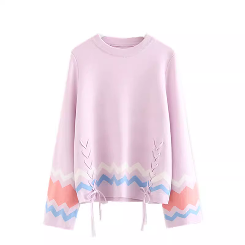 Áo len nữ Dream Box 2023 thu đông, phối màu mới, kiểu dáng xòe, cổ tròn, có nơ buộc, áo len tươi mát