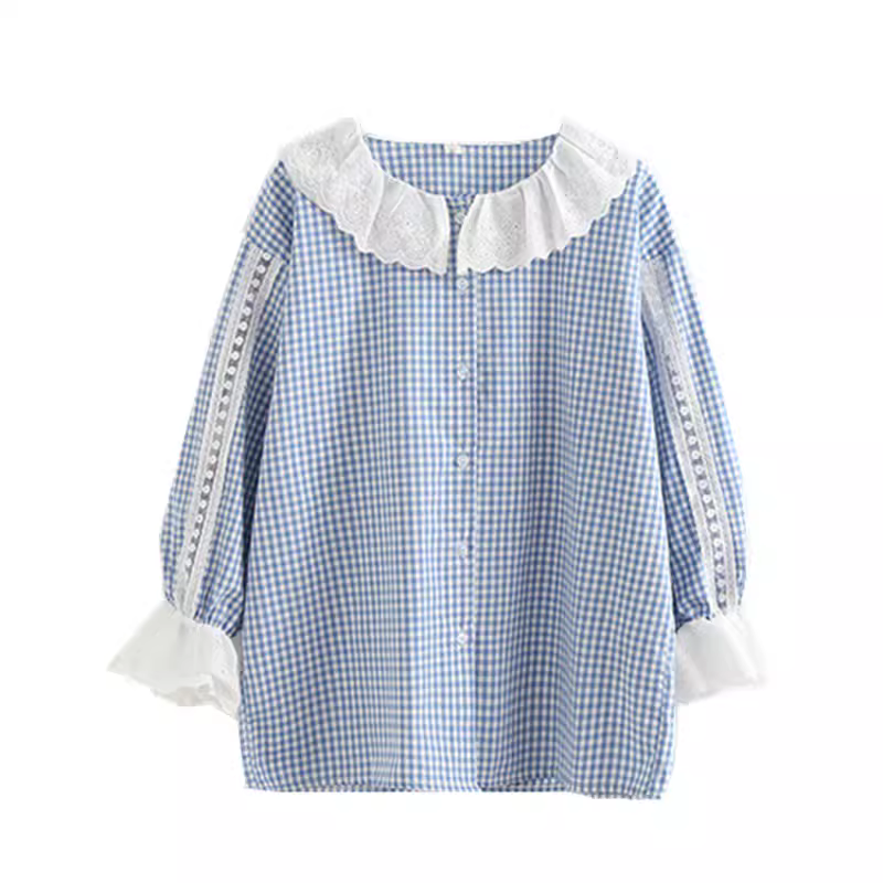 Áo sơ mi nữ cotton kẻ caro dáng rộng đa năng cổ búp bê ren thêu Dream Box Thu 2024