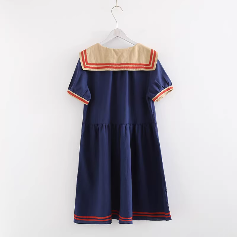 Dream Box 2022 Mùa Hè Mới Ngọt Nơ Cotton Nữ Thủy Thủ Cổ Áo Chui Đầu Tay Ngắn Nơ Lỏng Lẻo Đầm