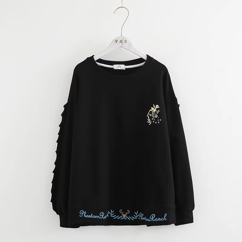 Áo thun nữ tay dài dáng rộng thêu hình nai phong cách mới Xuân 2024 Dream Box cổ tròn phối bèo nhún